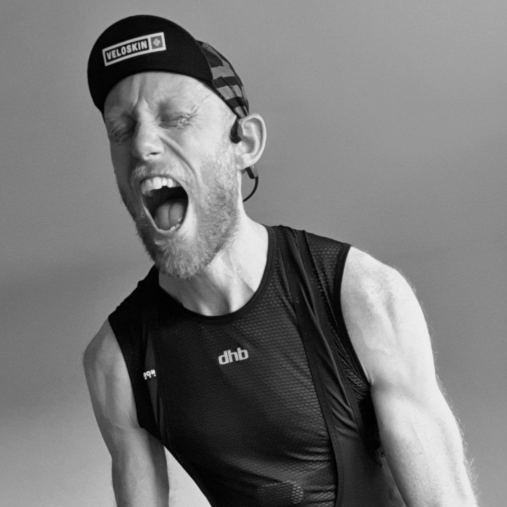 Guy Stapleford celebrating, wearing dhb and Veloskin